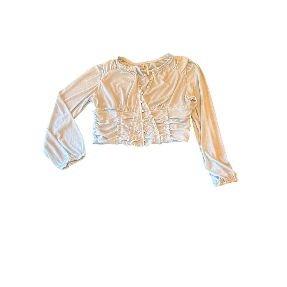 Anthropologie Light Blue Ruched  Long‎ Sleeve Blouse Top LX Coquette Fairy